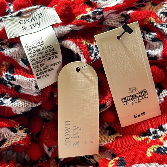NWT Crown & Ivy Frenchie French Bulldog Red Tasseld Large Scarf - Picture 6 of 6